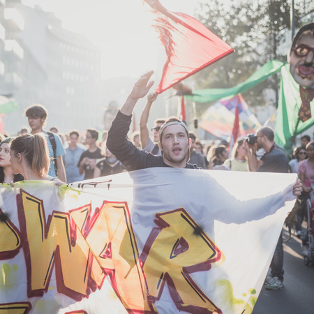 MILAN, ITALY - OCTOBER 18: manifestation held in Milan october 18, 2014. People took streets to protest against racism, war and against lega nord, right wing politic italian movementのeditorial素材