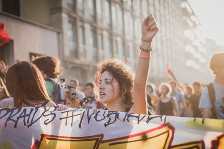 MILAN, ITALY - OCTOBER 18: manifestation held in Milan october 18, 2014. People took streets to protest against racism, war and against lega nord, right wing politic italian movementのeditorial素材