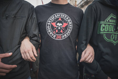 MILAN, ITALY - OCTOBER 18: manifestation held in Milan october 18, 2014. People took streets to protest against racism, war and against lega nord, right wing politic italian movementのeditorial素材