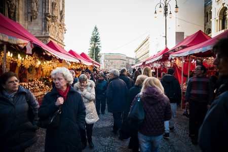 MILAN, ITALY - DECEMBER 9: Christmas stands in Milan December 9, 2014. Every year christmas stands attract thousand of people in Milan for christmas shoppingのeditorial素材