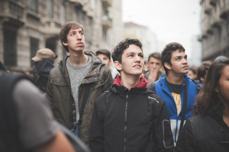 MILAN, ITALY - NOVEMBER 14: Student demonstration held in Milan November 14, 2014. Students took streets to protest against Milan expo to be held in 2015, event important worldwide.のeditorial素材
