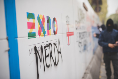 MILAN, ITALY - NOVEMBER 14: Student demonstration held in Milan November 14, 2014. Students took streets to protest against Milan expo to be held in 2015, event important worldwide.のeditorial素材