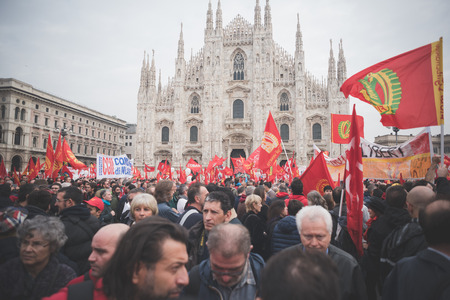MILAN, ITALY - NOVEMBER 14: Student demonstration held in Milan November 14, 2014. Students took streets to protest against Milan expo to be held in 2015, event important worldwide.のeditorial素材