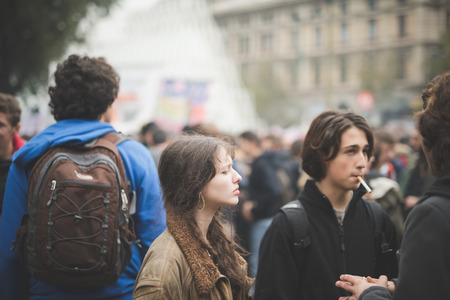 MILAN, ITALY - NOVEMBER 14: Student demonstration held in Milan November 14, 2014. Students took streets to protest against Milan expo to be held in 2015, event important worldwide.のeditorial素材