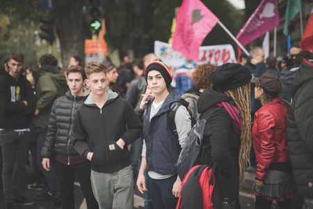 MILAN, ITALY - NOVEMBER 14: Student demonstration held in Milan November 14, 2014. Students took streets to protest against Milan expo to be held in 2015, event important worldwide.のeditorial素材