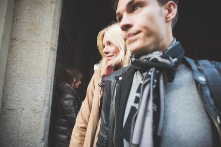 MILAN, ITALY - FEBRUARY 27: People during Milan Fashion week, Italy on February, 27 2015. Eccentric and fashionable people outside city during Milan fashion week wait for models and famous peopleのeditorial素材