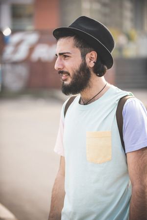 young handsome hipster modern man in townの写真素材