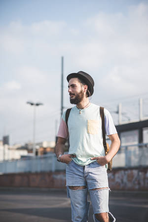 young handsome hipster modern man in townの写真素材