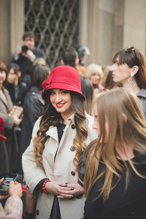 MILAN, ITALY - MARCH 01: People during Milan Fashion week, Italy on March, 01 2015. Eccentric and fashionable people outside city during Milan fashion week wait for models and famous peopleのeditorial素材
