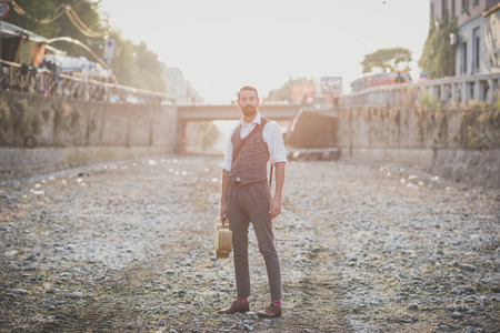 handsome big moustache hipster man in the cityの写真素材