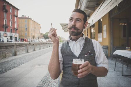 handsome big moustache hipster man in the city