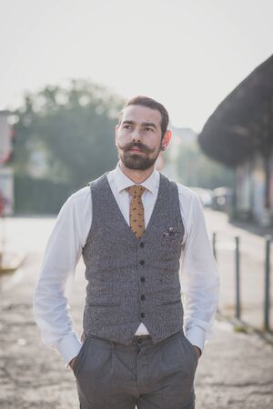 handsome big moustache hipster man in the cityの写真素材