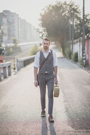 handsome big moustache hipster man in the cityの写真素材