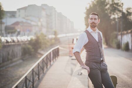 handsome big moustache hipster man in the cityの写真素材