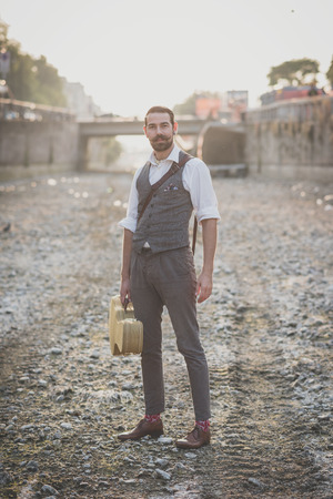 handsome big moustache hipster man in the cityの写真素材