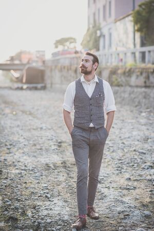 handsome big moustache hipster man in the cityの写真素材