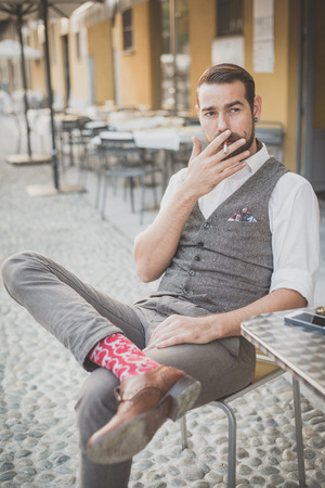 handsome big moustache hipster man in the cityの写真素材