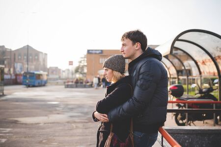young couple lovers authentic in the cityの写真素材