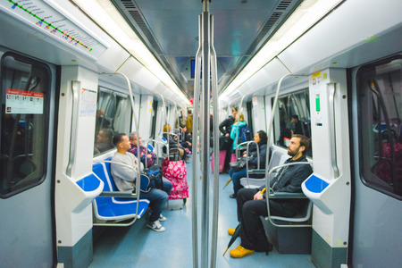 BARCELONA, SPAIN - MARCH 21: Interior of metro station in March, 21 2015. Barcelona metro is an extensive network of rapid transit electrified railway lines that run mostly undergroundのeditorial素材