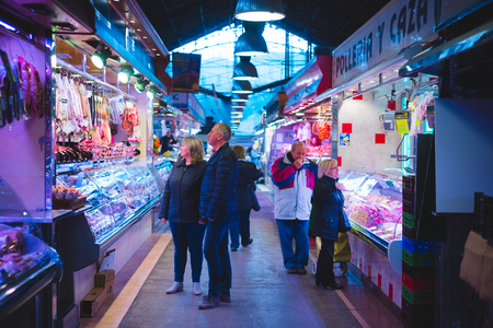 BARCELONA, SPAIN - MARCH 21: La rambla Boqueria marketplace on March 21, 2015. Boqueria is the most famous marketplace in Barcelona, in front of la rambla street.のeditorial素材