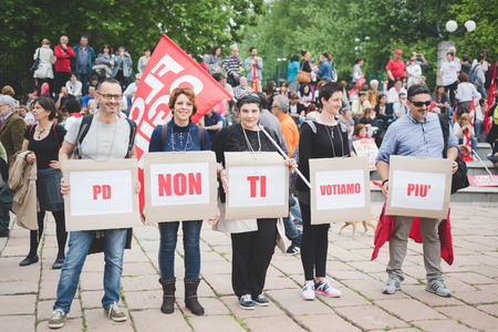 MILAN, ITALY - MAY 05: Students manifestation held in Milan on May, 5 2015. Students and teachers took to the streets to protest against new laws on education by minister Stefania Gianniniのeditorial素材
