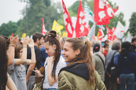 MILAN, ITALY - MAY 05: Students manifestation held in Milan on May, 5 2015. Students and teachers took to the streets to protest against new laws on education by minister Stefania Gianniniのeditorial素材