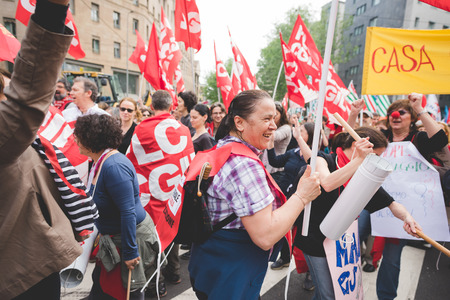 MILAN, ITALY - MAY 05: Students manifestation held in Milan on May, 5 2015. Students and teachers took to the streets to protest against new laws on education by minister Stefania Gianniniのeditorial素材