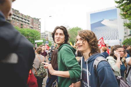 MILAN, ITALY - MAY 05: Students manifestation held in Milan on May, 5 2015. Students and teachers took to the streets to protest against new laws on education by minister Stefania Gianniniのeditorial素材