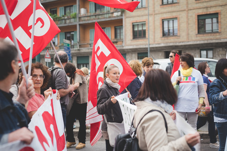 MILAN, ITALY - MAY 05: Students manifestation held in Milan on May, 5 2015. Students and teachers took to the streets to protest against new laws on education by minister Stefania Gianniniのeditorial素材