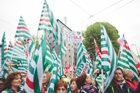 MILAN, ITALY - MAY 05: Students manifestation held in Milan on May, 5 2015. Students and teachers took to the streets to protest against new laws on education by minister Stefania Gianniniのeditorial素材