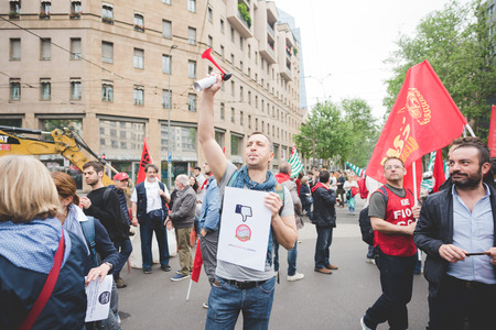 MILAN, ITALY - MAY 05: Students manifestation held in Milan on May, 5 2015. Students and teachers took to the streets to protest against new laws on education by minister Stefania Gianniniのeditorial素材