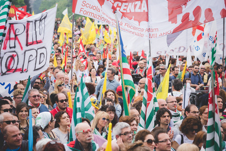 MILAN, ITALY - MAY 05: Students manifestation held in Milan on May, 5 2015. Students and teachers took to the streets to protest against new laws on education by minister Stefania Gianniniのeditorial素材