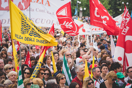 MILAN, ITALY - MAY 05: Students manifestation held in Milan on May, 5 2015. Students and teachers took to the streets to protest against new laws on education by minister Stefania Gianniniのeditorial素材