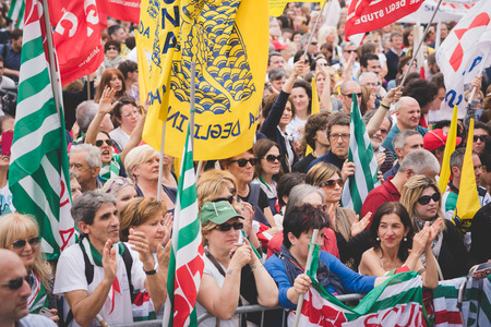 MILAN, ITALY - MAY 05: Students manifestation held in Milan on May, 5 2015. Students and teachers took to the streets to protest against new laws on education by minister Stefania Gianniniのeditorial素材