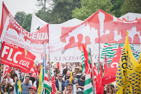 MILAN, ITALY - MAY 05: Students manifestation held in Milan on May, 5 2015. Students and teachers took to the streets to protest against new laws on education by minister Stefania Gianniniのeditorial素材