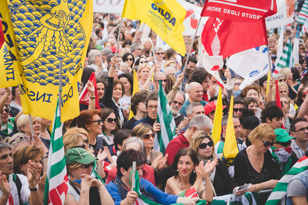 MILAN, ITALY - MAY 05: Students manifestation held in Milan on May, 5 2015. Students and teachers took to the streets to protest against new laws on education by minister Stefania Gianniniのeditorial素材