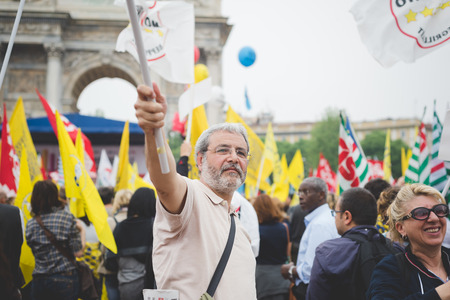 MILAN, ITALY - MAY 05: Students manifestation held in Milan on May, 5 2015. Students and teachers took to the streets to protest against new laws on education by minister Stefania Gianniniのeditorial素材