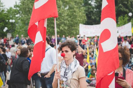 MILAN, ITALY - MAY 05: Students manifestation held in Milan on May, 5 2015. Students and teachers took to the streets to protest against new laws on education by minister Stefania Gianniniのeditorial素材