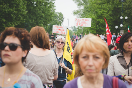 MILAN, ITALY - MAY 05: Students manifestation held in Milan on May, 5 2015. Students and teachers took to the streets to protest against new laws on education by minister Stefania Gianniniのeditorial素材