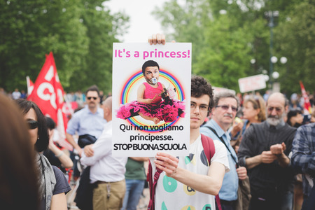 MILAN, ITALY - MAY 05: Students manifestation held in Milan on May, 5 2015. Students and teachers took to the streets to protest against new laws on education by minister Stefania Gianniniのeditorial素材