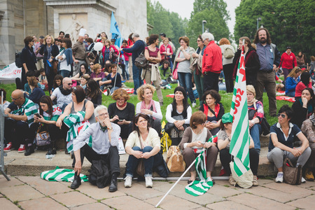 MILAN, ITALY - MAY 05: Students manifestation held in Milan on May, 5 2015. Students and teachers took to the streets to protest against new laws on education by minister Stefania Gianniniのeditorial素材