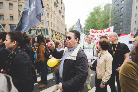 MILAN, ITALY - MAY 05: Students manifestation held in Milan on May, 5 2015. Students and teachers took to the streets to protest against new laws on education by minister Stefania Gianniniのeditorial素材