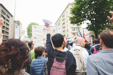 MILAN, ITALY - MAY 05: Students manifestation held in Milan on May, 5 2015. Students and teachers took to the streets to protest against new laws on education by minister Stefania Gianniniのeditorial素材