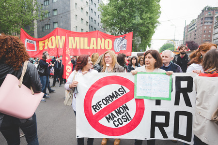 MILAN, ITALY - MAY 05: Students manifestation held in Milan on May, 5 2015. Students and teachers took to the streets to protest against new laws on education by minister Stefania Gianniniのeditorial素材