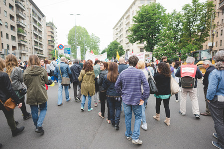 MILAN, ITALY - MAY 05: Students manifestation held in Milan on May, 5 2015. Students and teachers took to the streets to protest against new laws on education by minister Stefania Gianniniのeditorial素材
