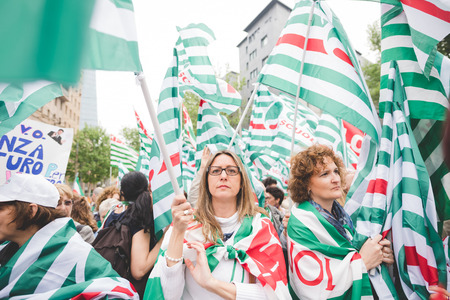 MILAN, ITALY - MAY 05: Students manifestation held in Milan on May, 5 2015. Students and teachers took to the streets to protest against new laws on education by minister Stefania Gianniniのeditorial素材