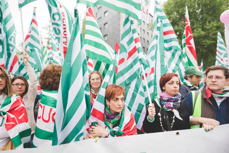 MILAN, ITALY - MAY 05: Students manifestation held in Milan on May, 5 2015. Students and teachers took to the streets to protest against new laws on education by minister Stefania Gianniniのeditorial素材