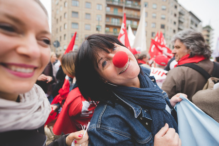 MILAN, ITALY - MAY 05: Students manifestation held in Milan on May, 5 2015. Students and teachers took to the streets to protest against new laws on education by minister Stefania Gianniniのeditorial素材