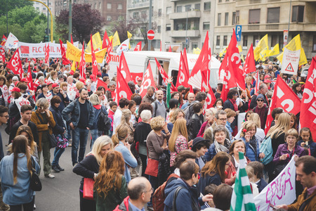 MILAN, ITALY - MAY 05: Students manifestation held in Milan on May, 5 2015. Students and teachers took to the streets to protest against new laws on education by minister Stefania Gianniniのeditorial素材