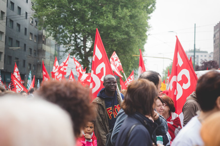 MILAN, ITALY - MAY 05: Students manifestation held in Milan on May, 5 2015. Students and teachers took to the streets to protest against new laws on education by minister Stefania Gianniniのeditorial素材